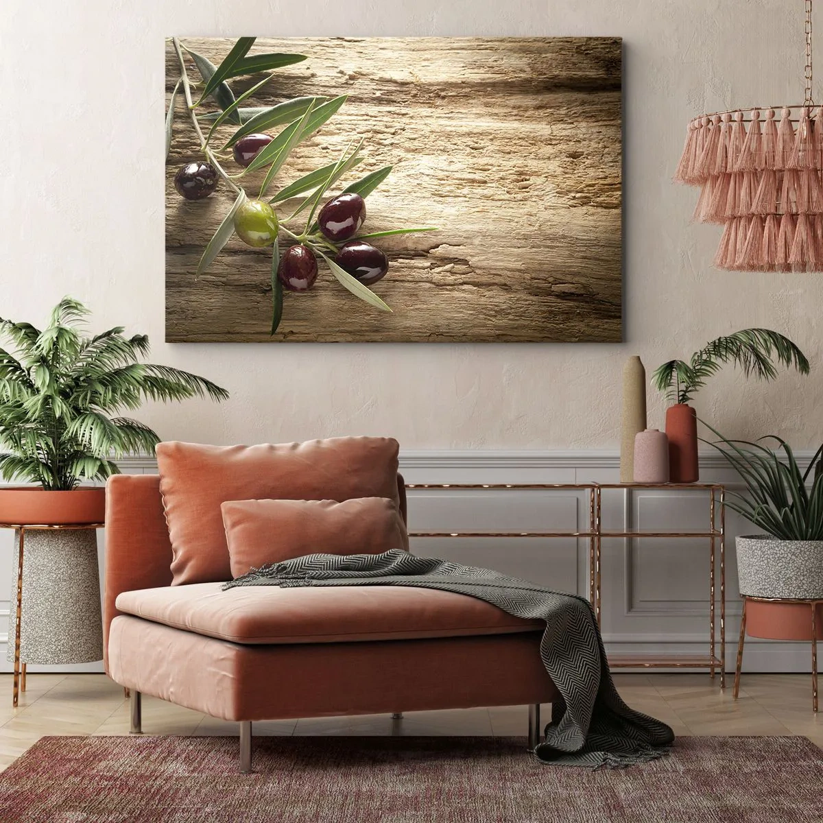Impression sur toile - Image sur toile - Branche d'olivier avec des fruits sur un fond de bois vieilli - 70x50cm - Directement de la nature - Décoration murale moderne pour le salon et la chambre ARTTOR