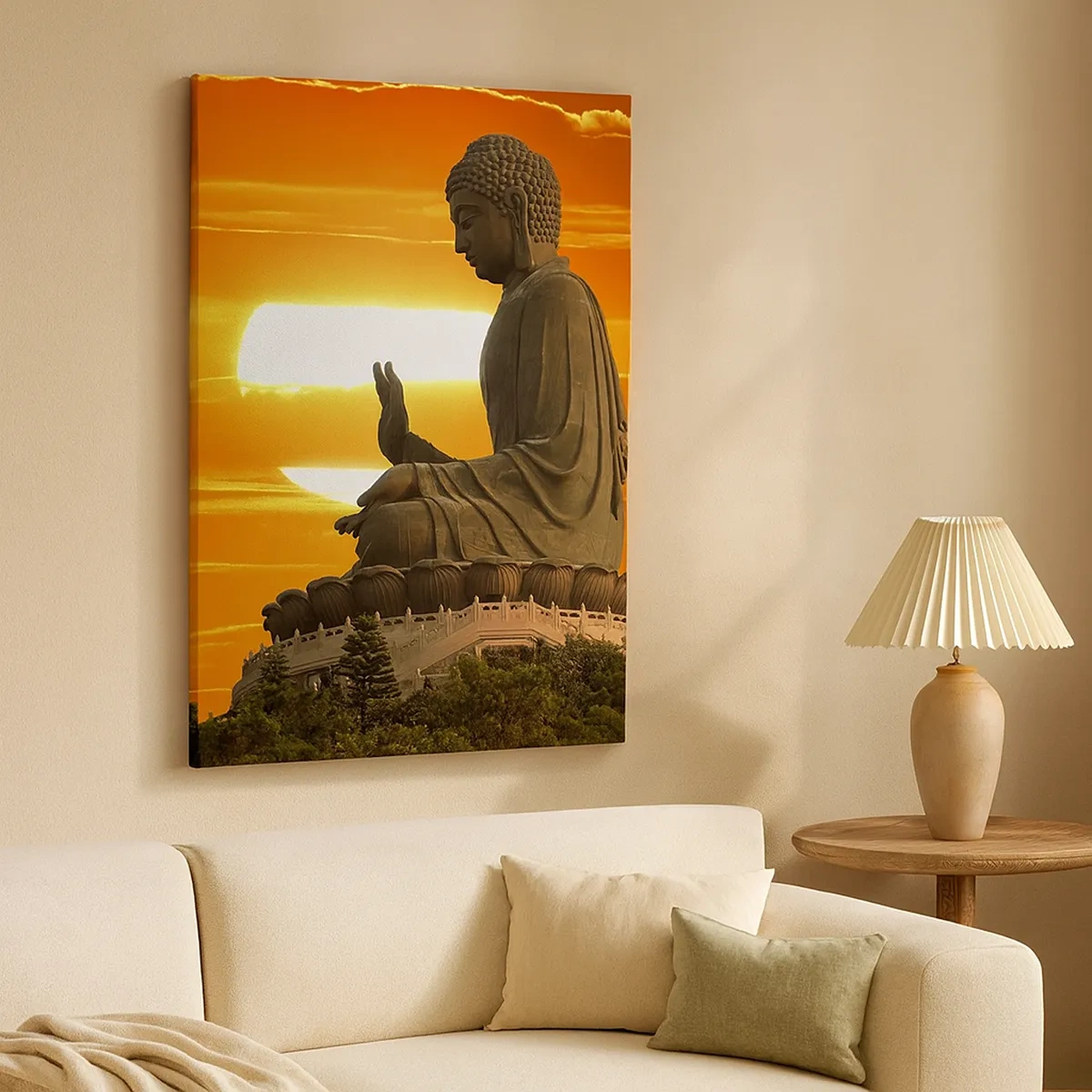 Impression sur toile - Image sur toile - Une statue bouddhiste sur fond de coucher de soleil orange - 50x70cm - Aucune peur du monde - Décoration murale moderne pour le salon et la chambre ARTTOR