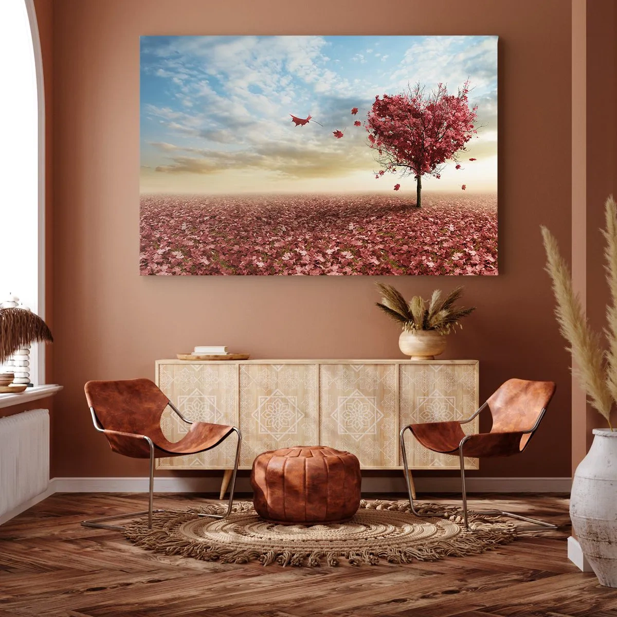 Impression sur toile - Image sur toile - Un arbre solitaire en forme de cœur dans un champ de feuilles rouges - 100x70cm - Vous allez aussi aimer l'automne - Décoration murale moderne pour le salon et la chambre ARTTOR