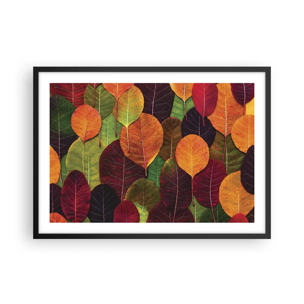 Affiche dans un cadre noir - Poster - Feuilles colorées disposées selon un motif d'automne - 70x50cm - Mozaique printannière - Décoration murale moderne pour le salon et la chambre ARTTOR