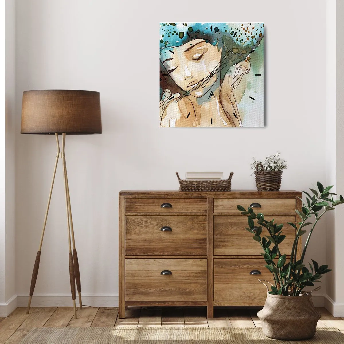 Horloge murale - Pendule murale - Portrait d'une femme aux couleurs délicates de l'aquarelle - 30x30cm - Lady in blue - Décoration murale moderne pour le salon et la chambre ARTTOR