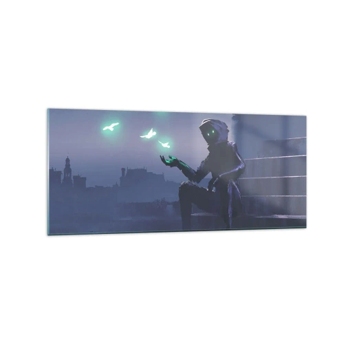 Impression sur verre - Image sur verre - Une silhouette encapuchonnée avec des oiseaux magiques en arrière-plan d'une ville - 120x50cm - La vie reviendra - Décoration murale moderne pour le salon et la chambre ARTTOR
