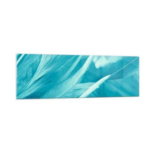 Impression sur verre - Image sur verre - Gros plan de délicates plumes turquoises - 160x50cm - Se noyer dans les plumes - Décoration murale moderne pour le salon et la chambre ARTTOR