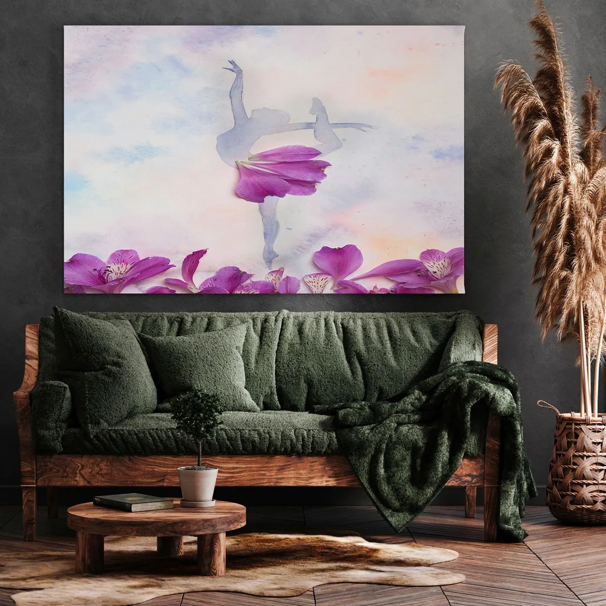 Impression sur toile - Image sur toile - Une danseuse en robe à pétales de fleurs sur fond pastel - 120x80cm - Délicat comme une fleur - Décoration murale moderne pour le salon et la chambre ARTTOR