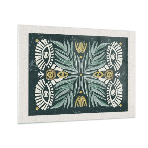 Impression sur verre - Image sur verre - Une composition symétrique de feuilles et de motifs dans un style folklorique - 70x50cm - Comme une découpe folklorique - Décoration murale moderne pour le salon et la chambre ARTTOR