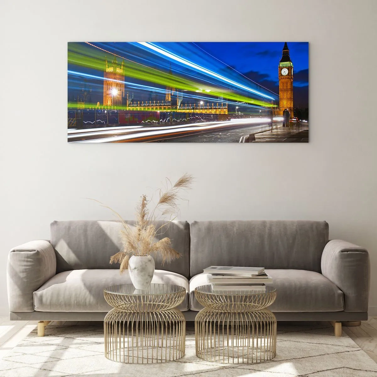 Impression sur verre - Image sur verre - Big Ben la nuit avec l'effet des lumières dans la circulation routière - 120x50cm - Sous l'œil de Big Ben - Décoration murale moderne pour le salon et la chambre ARTTOR