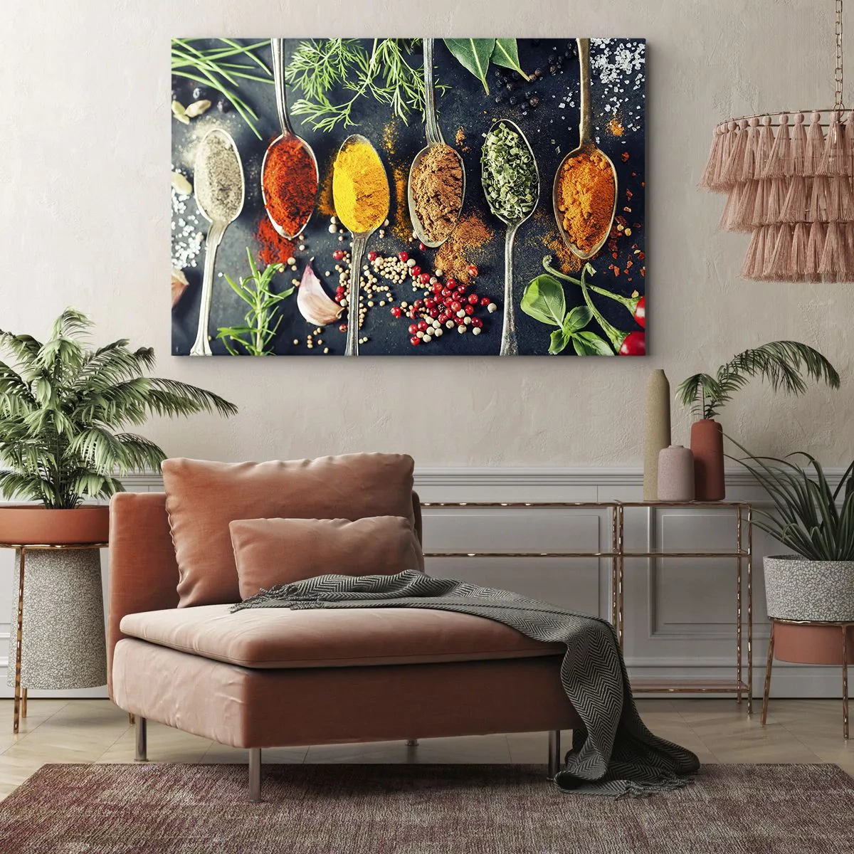 Impression sur toile - Image sur toile - Épices colorées sur des cuillères avec des herbes en arrière-plan - 120x80cm - Magie culinaire - Décoration murale moderne pour le salon et la chambre ARTTOR