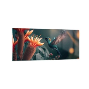 Impression sur verre - Image sur verre - Un colibri coloré parmi des fleurs sur un fond naturel - 120x50cm - une vie vraiment colorée - Décoration murale moderne pour le salon et la chambre ARTTOR