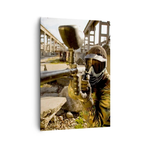 Impression sur toile - Image sur toile - Un joueur de paintball en tenue de camouflage visant un marqueur - 70x100cm - Et vous pouvez devenir un héros - Décoration murale moderne pour le salon et la chambre ARTTOR