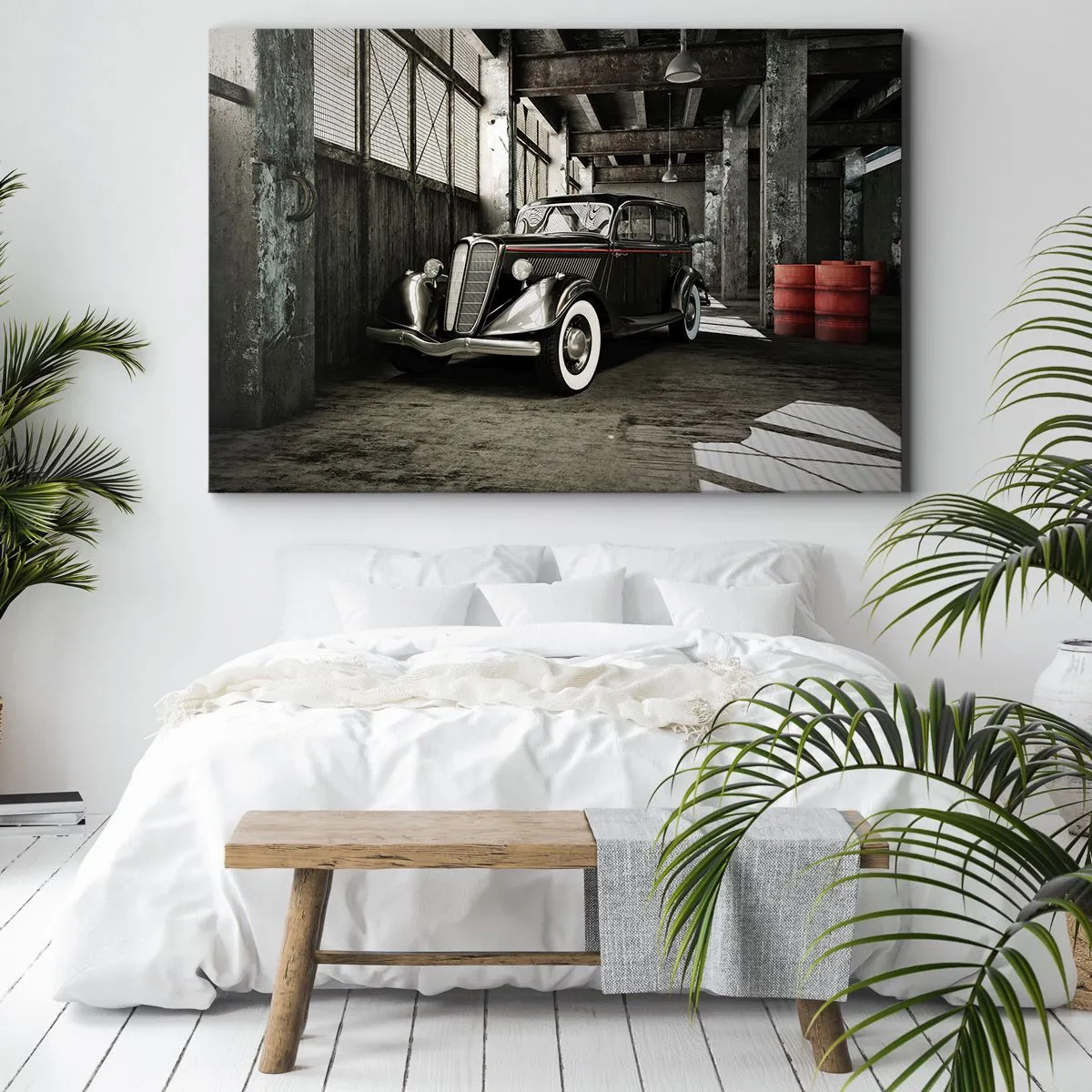 Impression sur toile - Image sur toile - Voiture rétro élégante dans un entrepôt brut - 120x80cm - L'élégance éternelle des années 30 - Décoration murale moderne pour le salon et la chambre ARTTOR