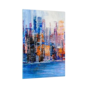 Impression sur verre - Image sur verre - Un panorama coloré de la ville avec des reflets sur l'eau - 80x120cm - Une métropole joyeuse - Décoration murale moderne pour le salon et la chambre ARTTOR