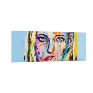 Impression sur verre - Image sur verre - Portrait coloré d'une femme dans un style abstrait - 140x50cm - Regarde-la droit dans les yeux - Décoration murale moderne pour le salon et la chambre ARTTOR