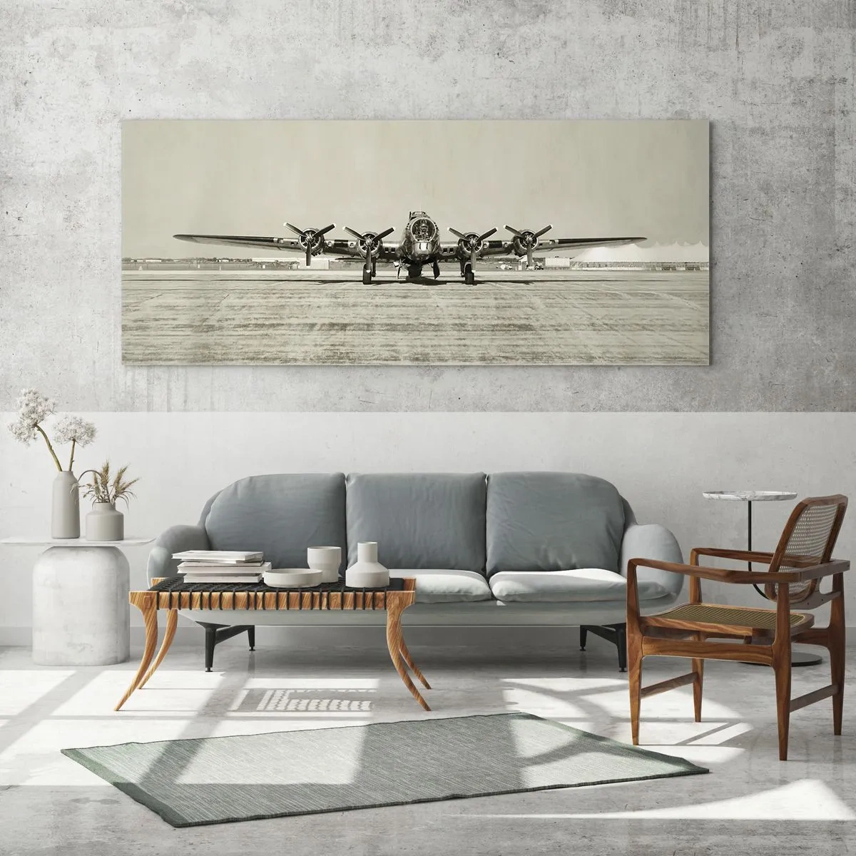 Impression sur verre - Image sur verre - Avion historique à l'aéroport en sépia - 120x50cm - Toujours prêt! - Décoration murale moderne pour le salon et la chambre ARTTOR