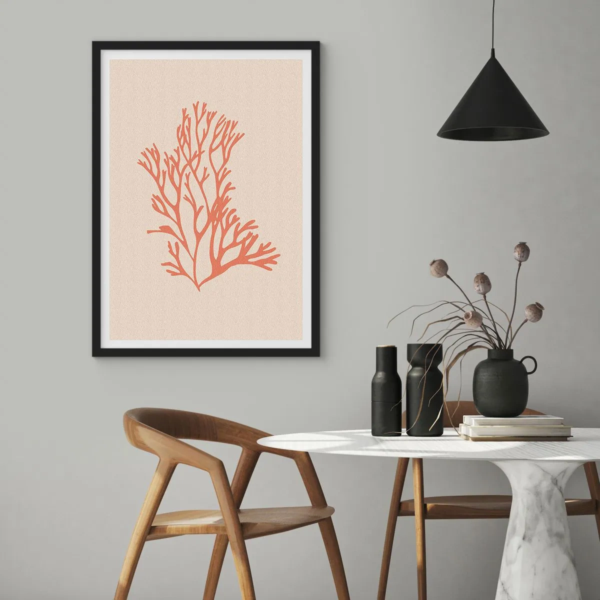 Affiche dans un cadre noir - Poster - Une délicate illustration de corail sur fond clair - 50x70cm - Filigrane de corail - Décoration murale moderne pour le salon et la chambre ARTTOR