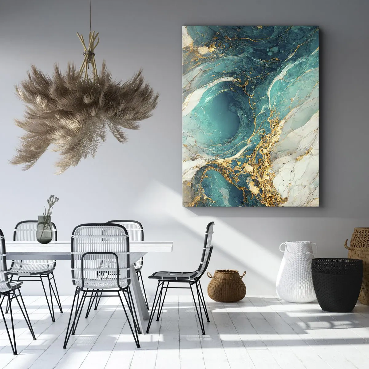 Impression sur toile - Image sur toile - Une composition abstraite dans des tons turquoise et or. - 70x100cm - Composition en veines d'or - Décoration murale moderne pour le salon et la chambre ARTTOR