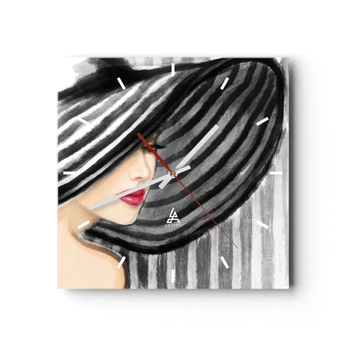 Horloge murale - Pendule murale - Femme portant un chapeau noir et blanc avec une touche rouge - 30x30cm - Où te chercher ? - Décoration murale moderne pour le salon et la chambre ARTTOR