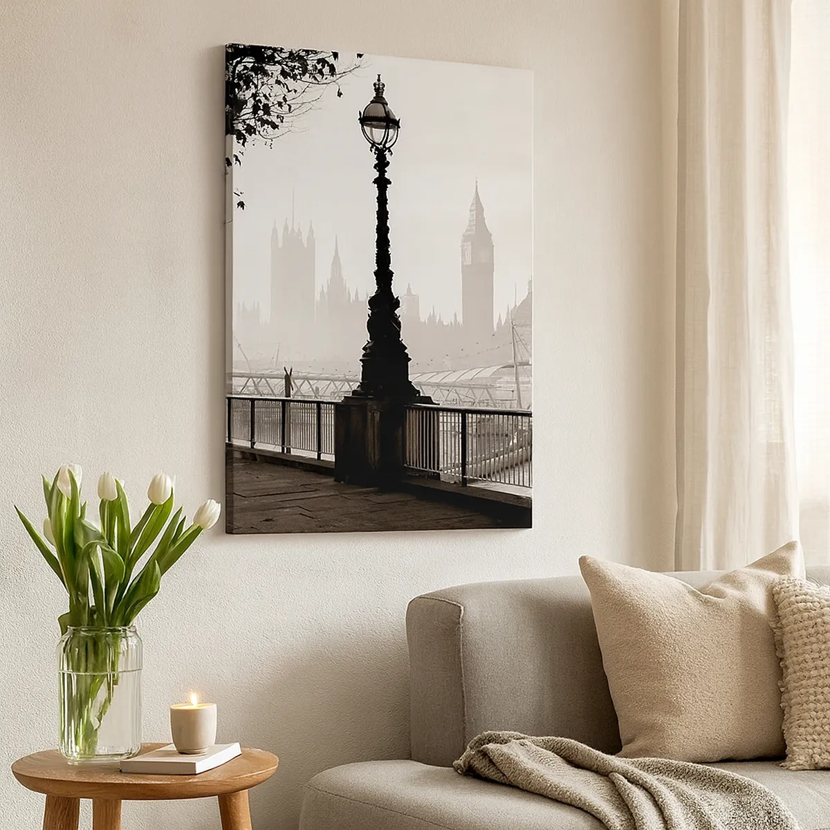Impression sur toile - Image sur toile - Une vue monochrome de Big Ben et de la Tamise. - 50x70cm - Un matin londonien - Décoration murale moderne pour le salon et la chambre ARTTOR