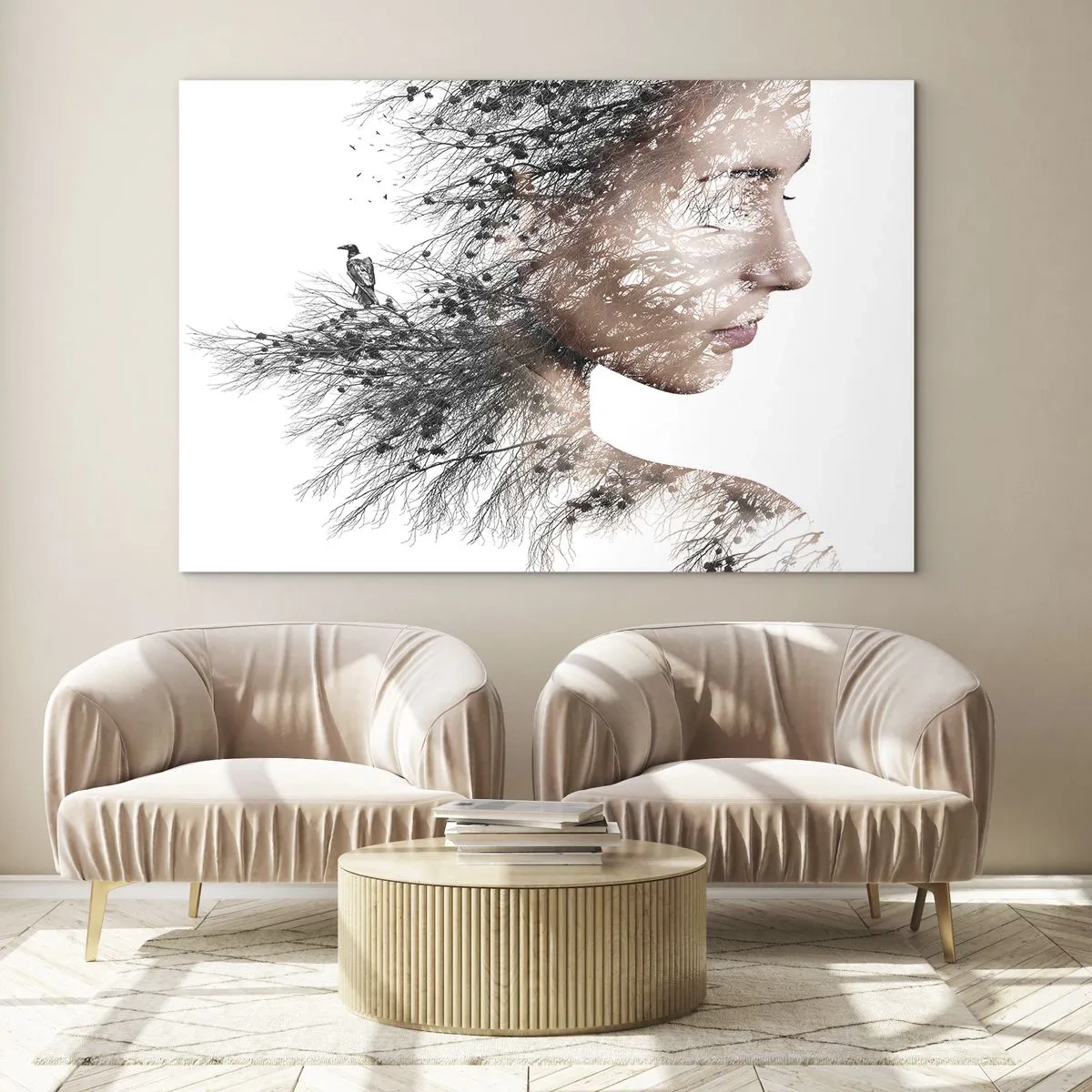 Impression sur verre - Image sur verre - Portrait d'une femme avec des branches en arrière-plan - 100x70cm - L'âme de la forêt - Décoration murale moderne pour le salon et la chambre ARTTOR