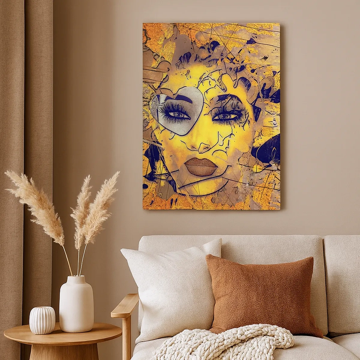 Impression sur toile - Image sur toile - Portrait abstrait d'une femme dans des tons jaune doré - 50x70cm - Beauté ensoleillée - Décoration murale moderne pour le salon et la chambre ARTTOR