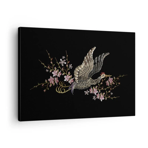 Impression sur toile - Image sur toile - Un oiseau en vol avec des fleurs sur fond noir - 70x50cm - Oiseau brodé exotique - Décoration murale moderne pour le salon et la chambre ARTTOR