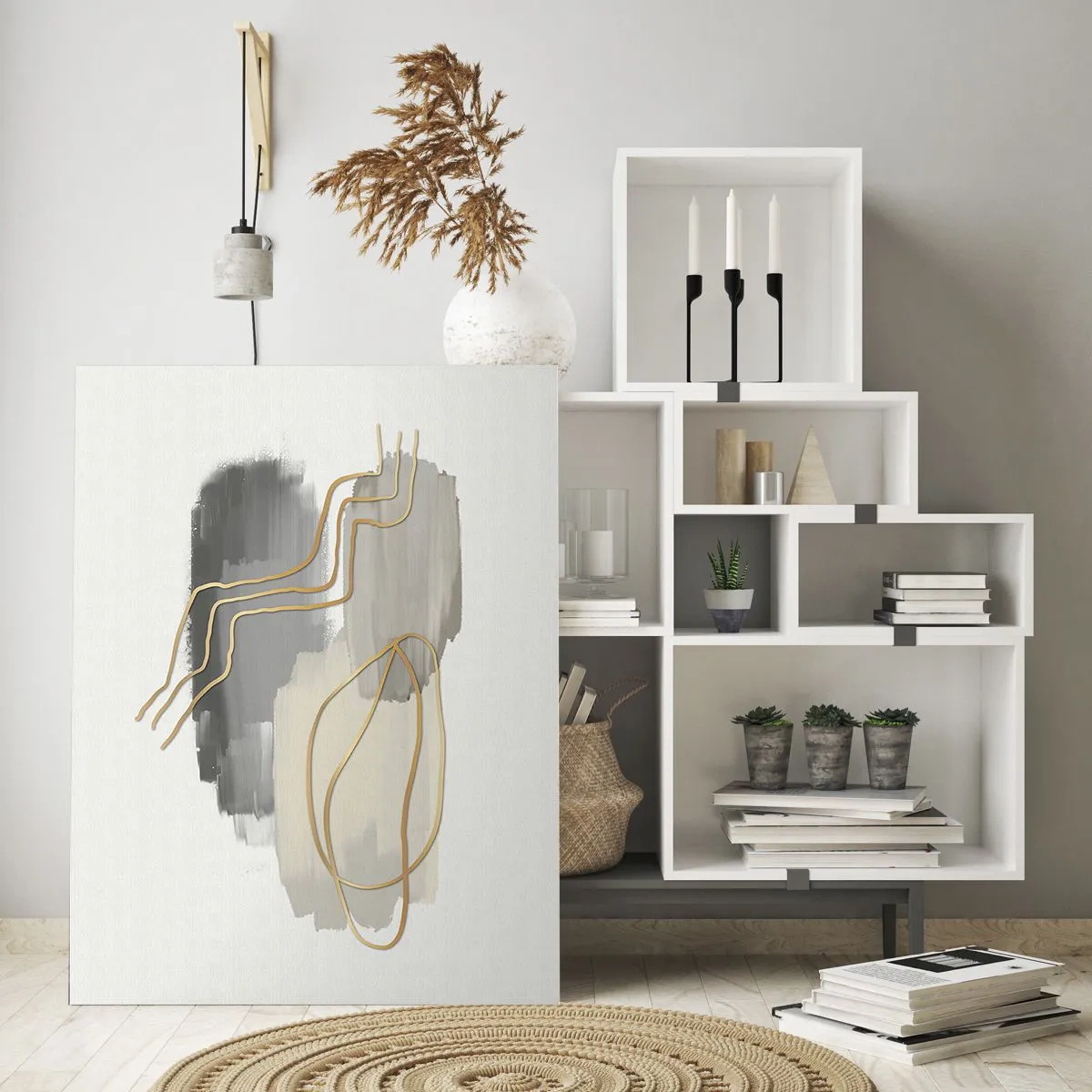 Impression sur verre - Image sur verre - Abstraction avec des taches grises et des lignes dorées sur un fond clair - 50x70cm - Durée et mouvement - Décoration murale moderne pour le salon et la chambre ARTTOR