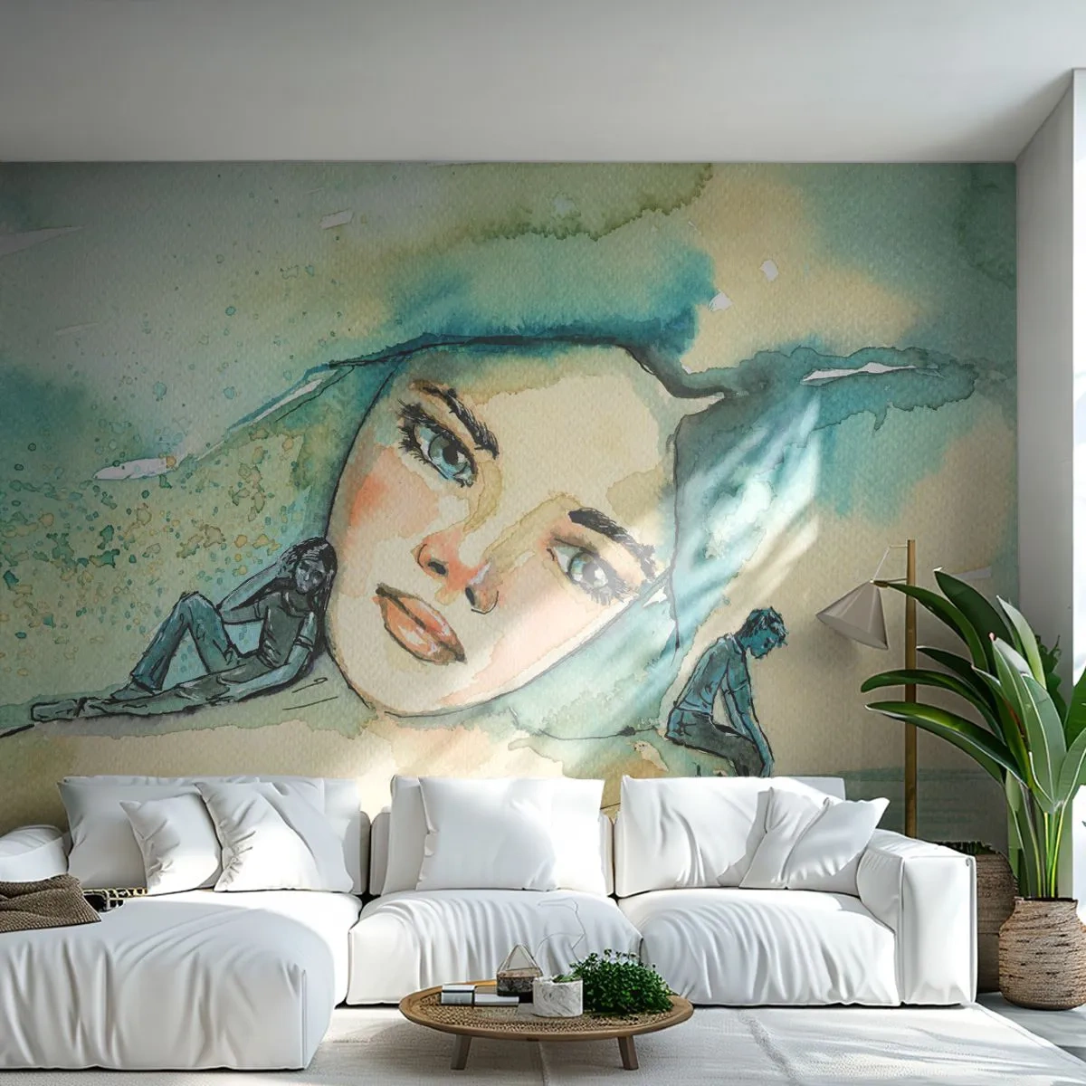 Papier Peint Photo Premium Sand - Suis-je bleu? - Abstraction, Visage de femme, Peinture - 350x256 cm