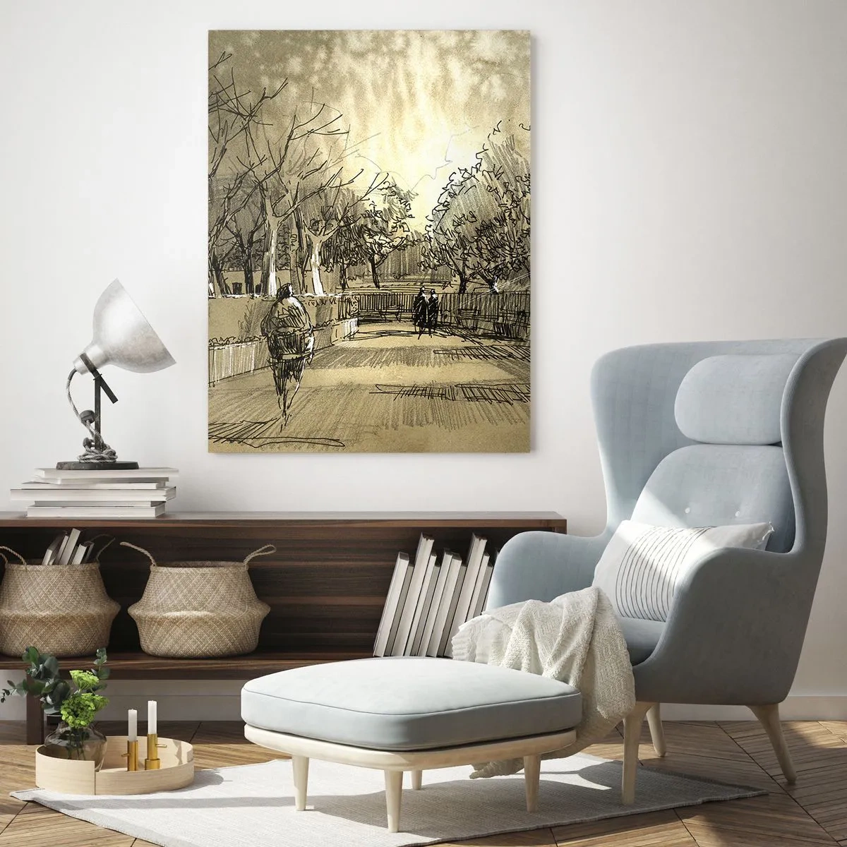 Impression sur verre - Image sur verre - Une scène de dessin animé d'un parc avec des gens marchant dans des tons chauds. - 80x120cm - Un moment arrêté avec une plume - Décoration murale moderne pour le salon et la chambre ARTTOR