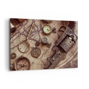 Impression sur toile - Image sur toile - Objets anciens sur une vieille carte dans un style rétro - 120x80cm - L'aventure appelle - Décoration murale moderne pour le salon et la chambre ARTTOR