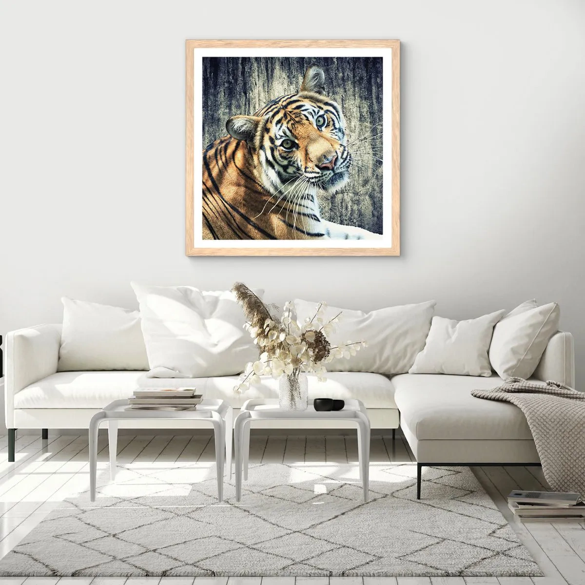 Affiche dans un chêne clair - Poster - Portrait dans les flots de lumière - 60x60 cm