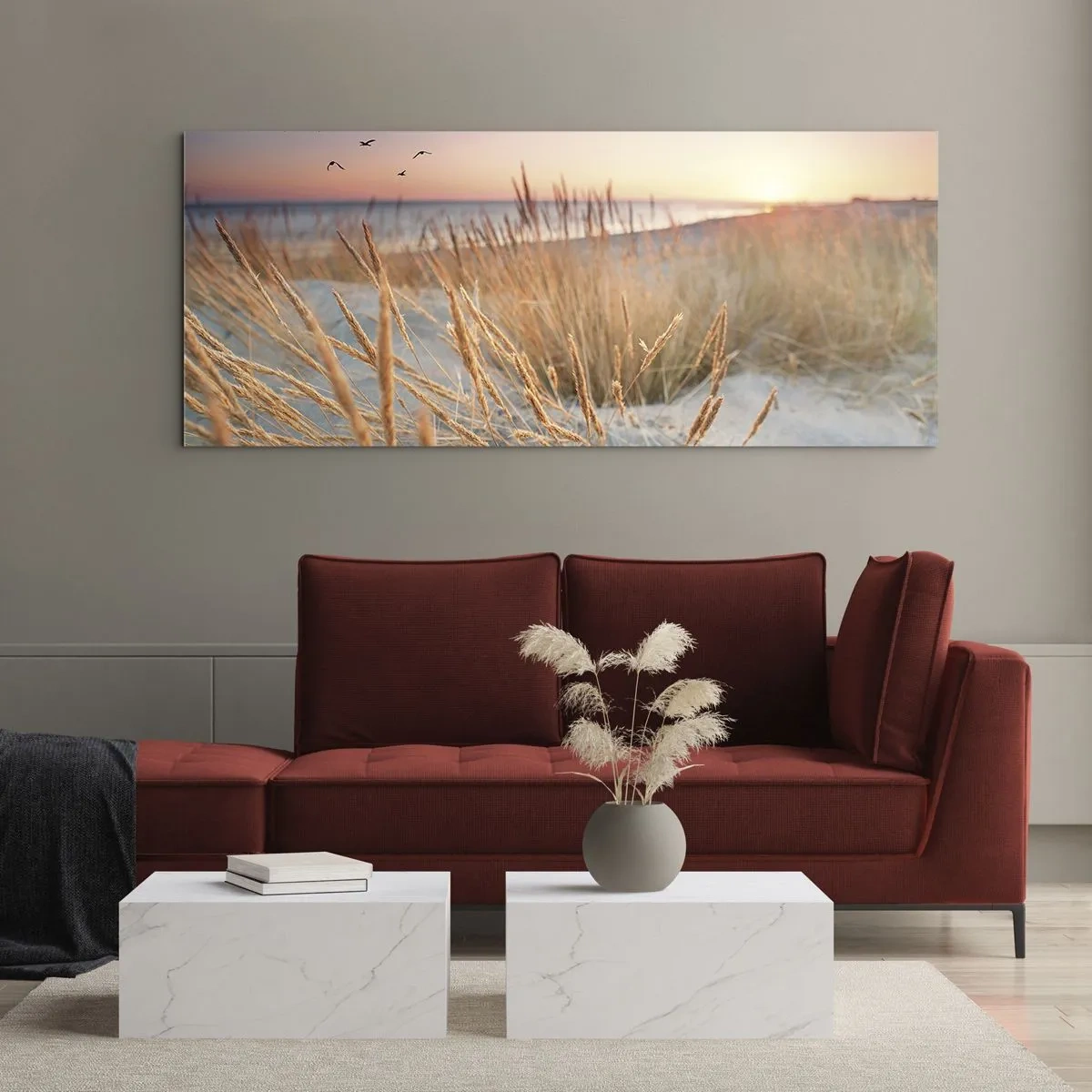 Impression sur verre - Image sur verre - Plage au coucher du soleil avec de hautes herbes - 160x50cm - Berceuse baltique - Décoration murale moderne pour le salon et la chambre ARTTOR