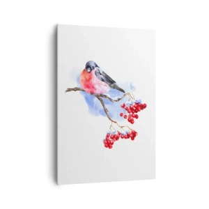 Impression sur toile - Image sur toile - Oiseau sur une branche avec des fruits rouges sur fond aquarelle - 70x100cm - L'hiver en couleurs - Décoration murale moderne pour le salon et la chambre ARTTOR