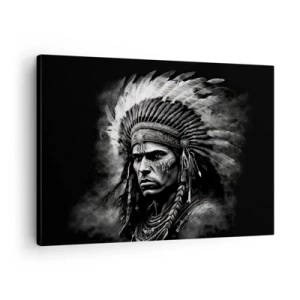 Impression sur toile - Image sur toile - Portrait d'un chef portant une coiffe à plumes sur fond noir - 70x50cm - Un leader et un guerrier - Décoration murale moderne pour le salon et la chambre ARTTOR