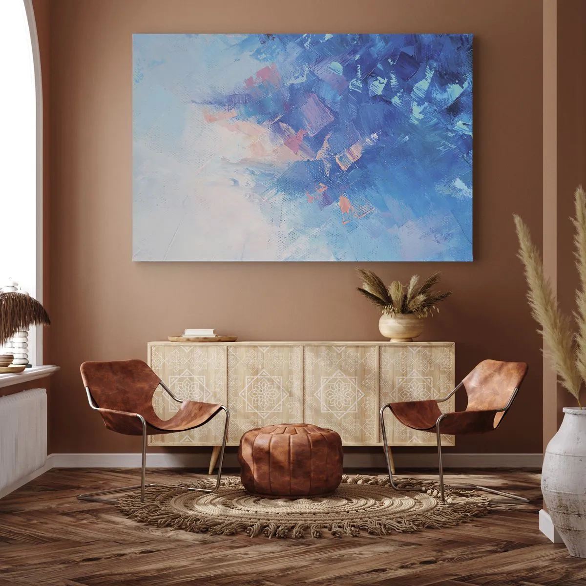 Impression sur toile - Image sur toile - Composition abstraite dans les tons de bleu et de rose - 100x70cm - Abstraction hivernale - Décoration murale moderne pour le salon et la chambre ARTTOR