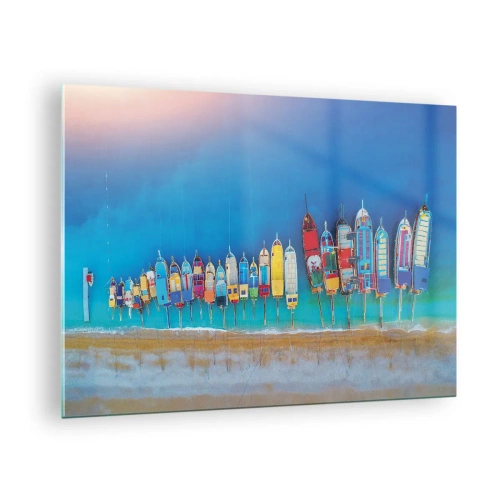 Impression sur verre - Image sur verre - Bateaux colorés sur le rivage de la mer turquoise - 70x50cm - Une vue à vol d'oiseau - Décoration murale moderne pour le salon et la chambre ARTTOR