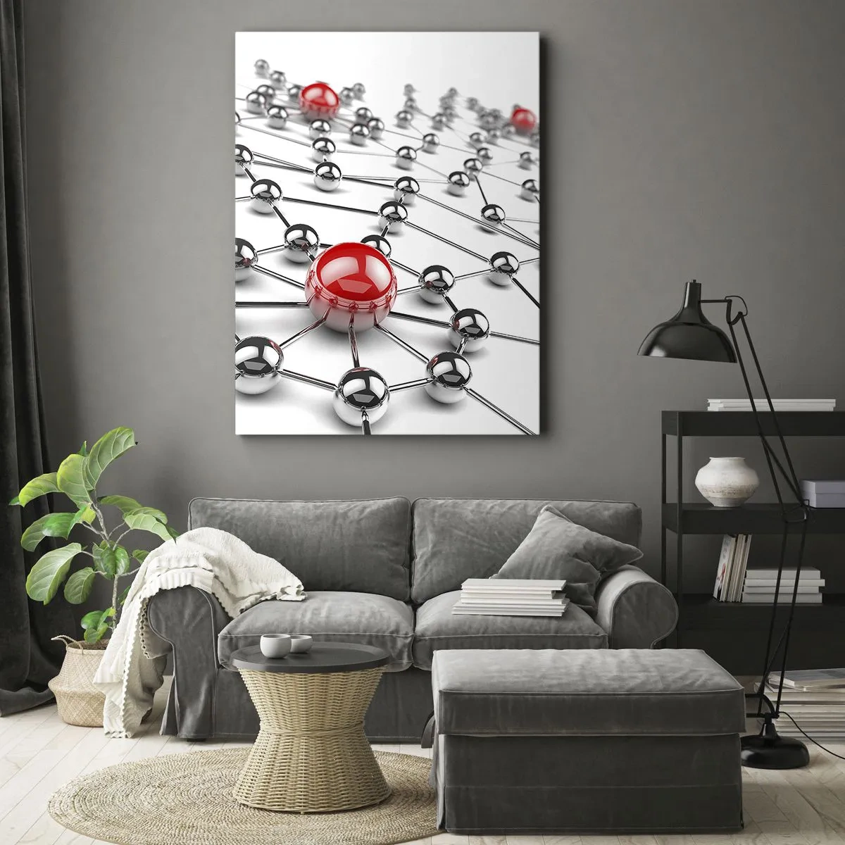 Impression sur toile - Image sur toile - Un réseau de boules métalliques aux accents rouges - 50x70cm - Toile argentée - Décoration murale moderne pour le salon et la chambre ARTTOR