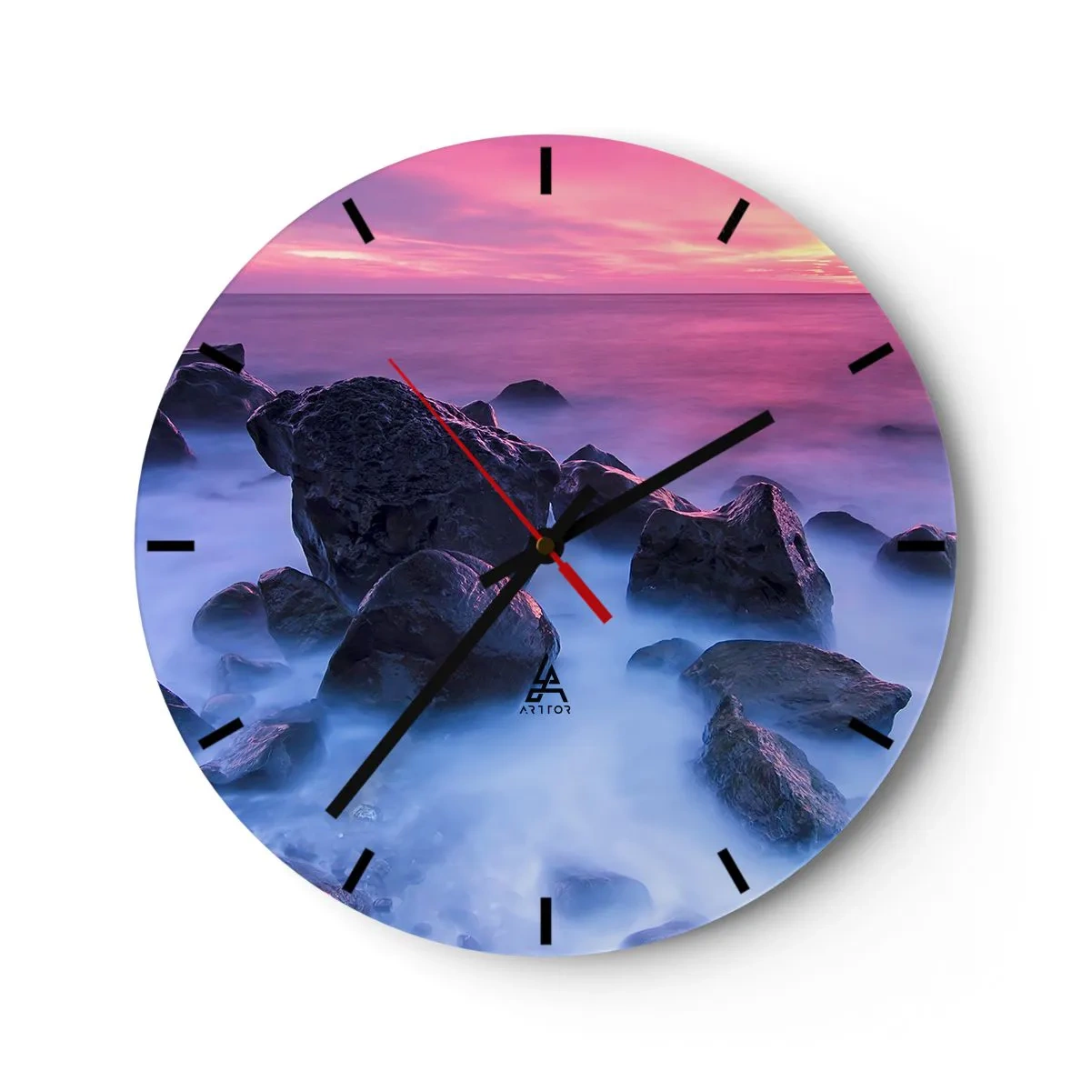 Horloge murale - Pendule murale - Pierres au bord de la mer au coucher du soleil dans des tons roses - 30x30cm - Naissance dans la lumière et le brouillard - Décoration murale moderne pour le salon, la cuisine et la chambre ARTTOR