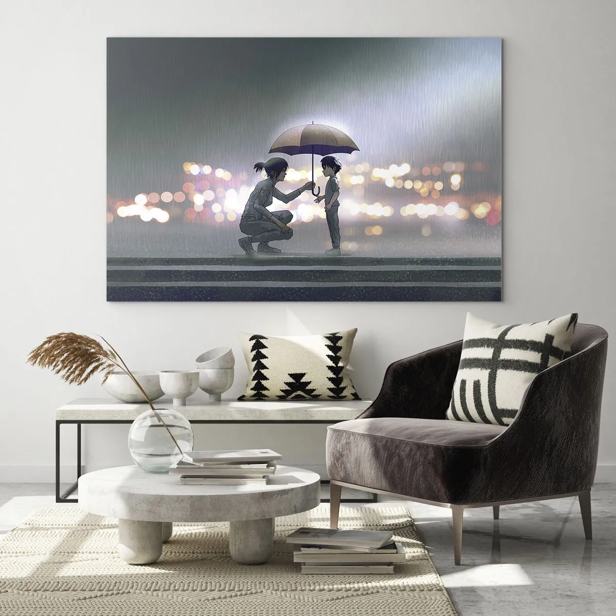 Impression sur verre - Image sur verre - Personnages sous la pluie avec des parapluies sur fond de lumières nocturnes - 70x50cm - Et maintenant, tout va bien - Décoration murale moderne pour le salon et la chambre ARTTOR