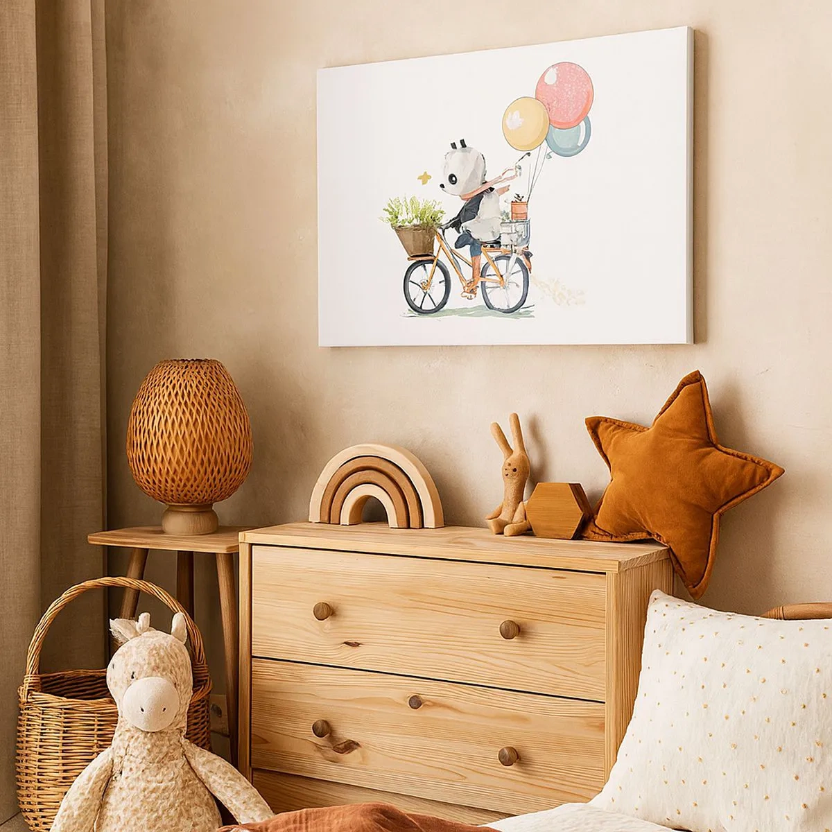 Impression sur toile - Image sur toile - Panda sur un vélo avec des ballons et des fleurs - 70x50cm - Jour de chance - Décoration murale moderne pour le salon et la chambre ARTTOR