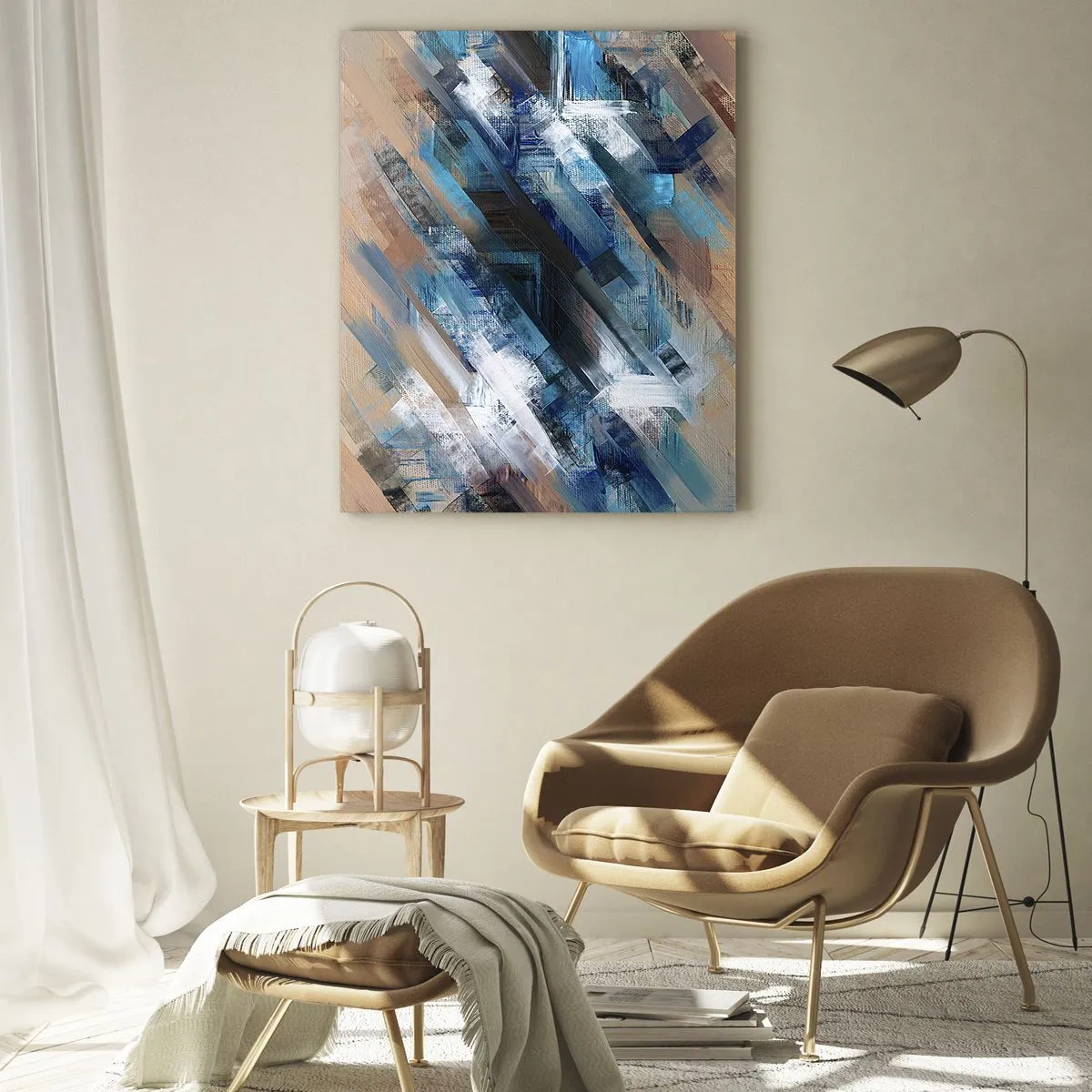 Impression sur verre - Image sur verre - Rayures diagonales abstraites dans les tons de bleu, blanc et beige - 50x70cm - Diagonale de bleus - Décoration murale moderne pour le salon et la chambre ARTTOR