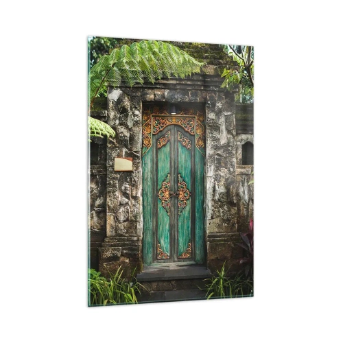 Impression sur verre - Image sur verre - Portes décoratives entourées de végétation tropicale - 80x120cm - Porte vers un monde exotique - Décoration murale moderne pour le salon et la chambre ARTTOR
