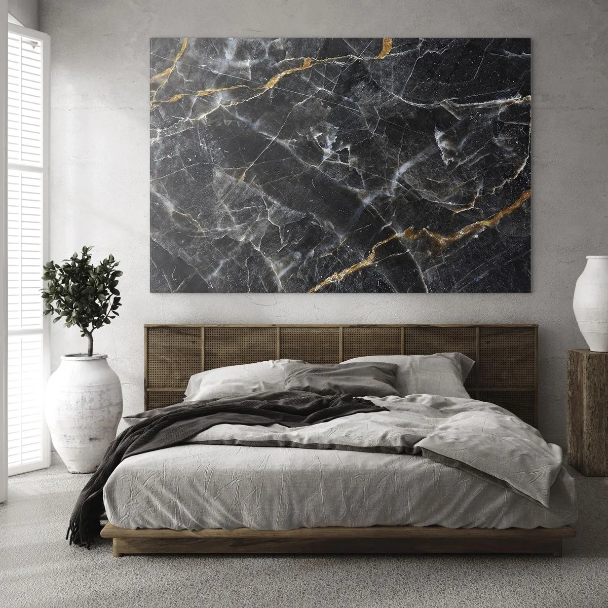 Impression sur verre - Image sur verre - Motif en marbre noir et or avec veines blanches - 70x50cm - La vie intérieure de la pierre - Décoration murale moderne pour le salon et la chambre ARTTOR