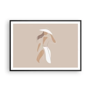 Affiche dans un cadre noir - Poster - Un dessin minimaliste d'une femme avec un chapeau sur fond beige. - 100x70cm - Lea mode est un jeu - Décoration murale moderne pour le salon et la chambre ARTTOR