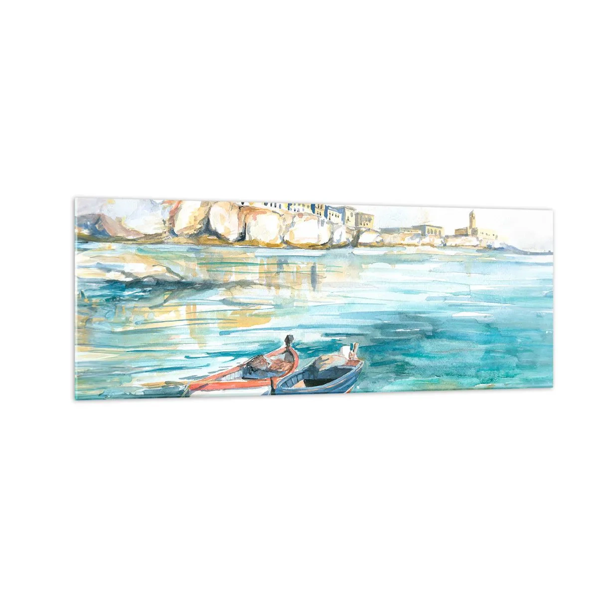 Impression sur verre - Image sur verre - Un paysage balnéaire pittoresque avec des bateaux sur l'eau - 140x50cm - Paysage dans l'azur - Décoration murale moderne pour le salon et la chambre ARTTOR