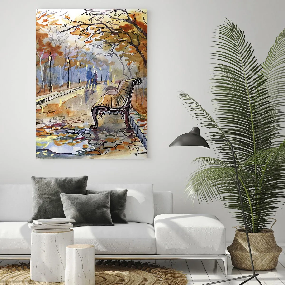 Impression sur verre - Image sur verre - Un parc d'automne avec un banc à l'aquarelle - 70x100cm - Errer ensemble à l'automne - Décoration murale moderne pour le salon et la chambre ARTTOR