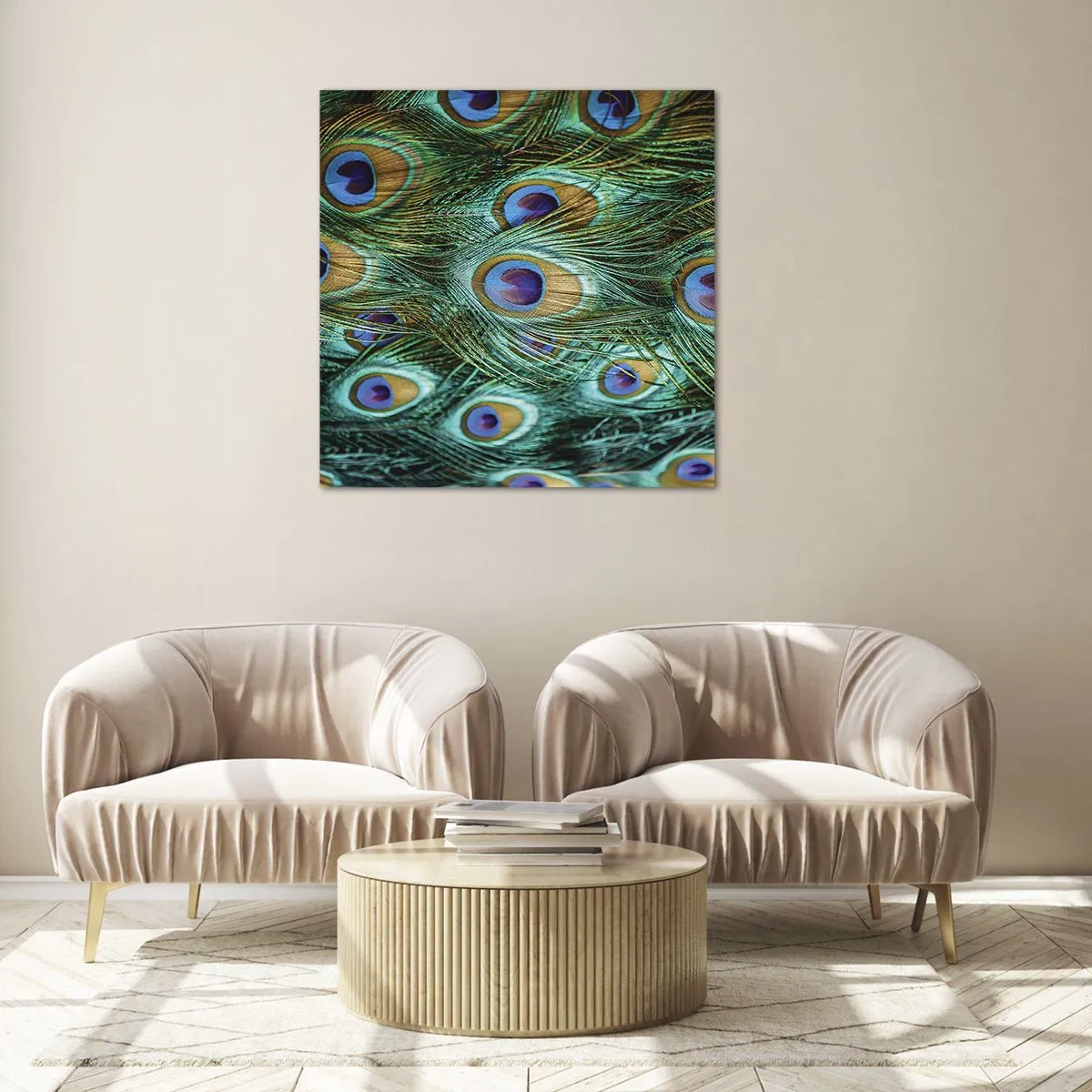 Impression sur verre - Image sur verre - Un regard de paon - 70x70 cm