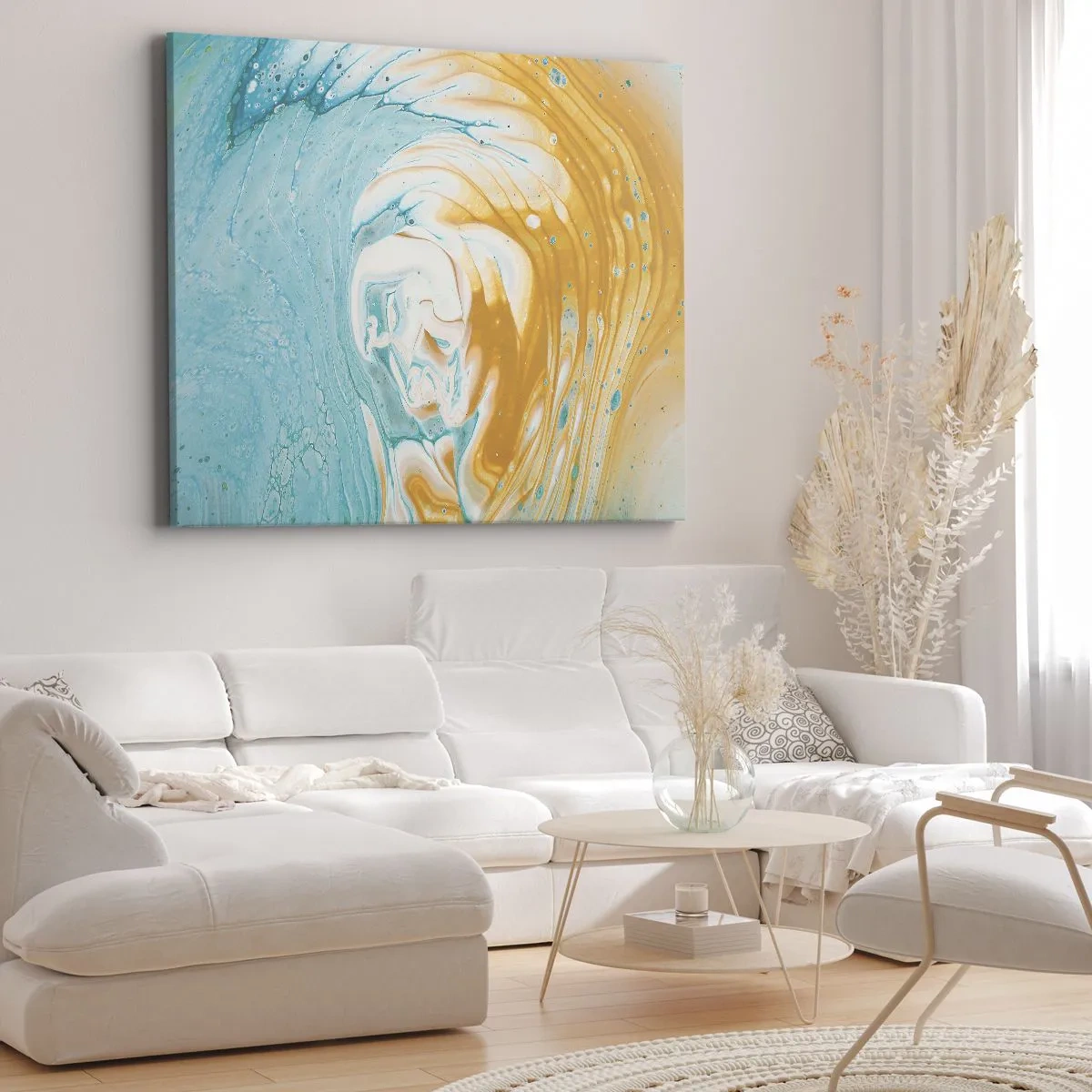 Impression sur toile - Image sur toile - Vagues abstraites dans des tons de bleu et d'or sur toile - 70x50cm - Tourbillon pastel - Décoration murale moderne pour le salon et la chambre ARTTOR
