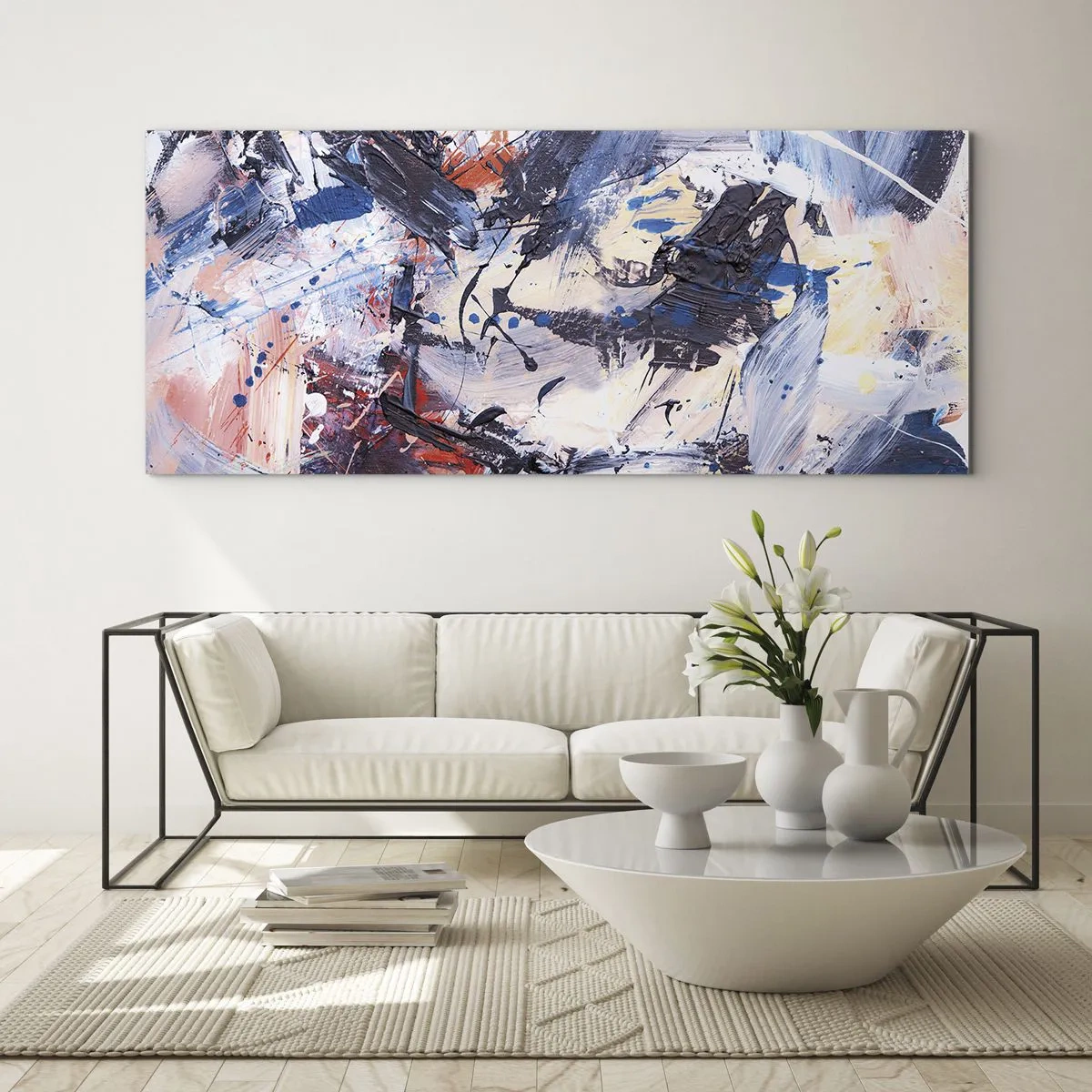 Impression sur verre - Image sur verre - Abstraction avec des coups de pinceau dynamiques en bleu et rouge. - 140x50cm - La danse folle de l'abstrait - Décoration murale moderne pour le salon et la chambre ARTTOR