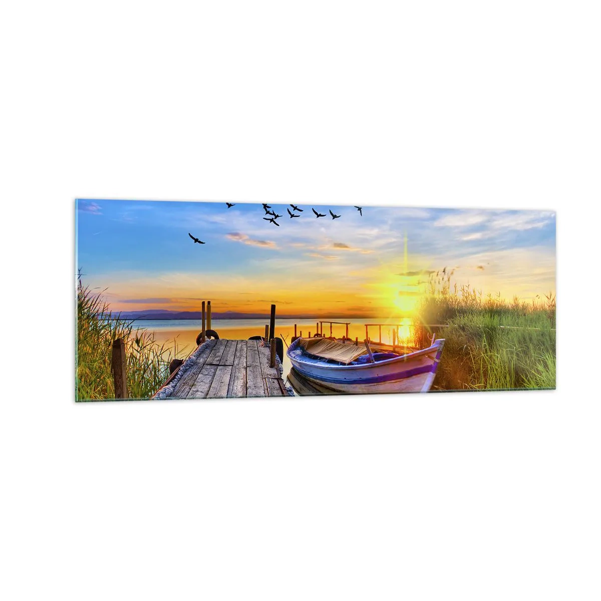 Impression sur verre - Image sur verre - Un bateau sur une jetée en bois au coucher du soleil - 140x50cm - Au revoir, à demain - Décoration murale moderne pour le salon et la chambre ARTTOR