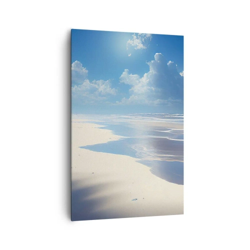 Impression sur toile - Image sur toile - Une plage de sable avec des vagues sous un ciel bleu - 80x120cm - Des vacances paradisiaques - Décoration murale moderne pour le salon et la chambre ARTTOR