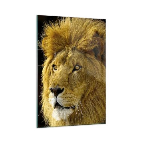 Impression sur verre - Image sur verre - Portrait d'un lion à la crinière majestueuse sur fond sombre - 80x120cm - Portrait de roi - Décoration murale moderne pour le salon et la chambre ARTTOR